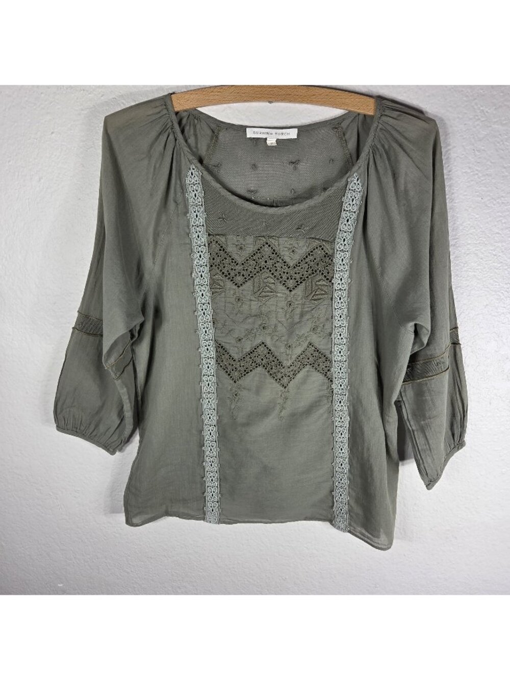 Burning Torch Queen Anne's Lace Top Blouse XS Olive Green Embroidered